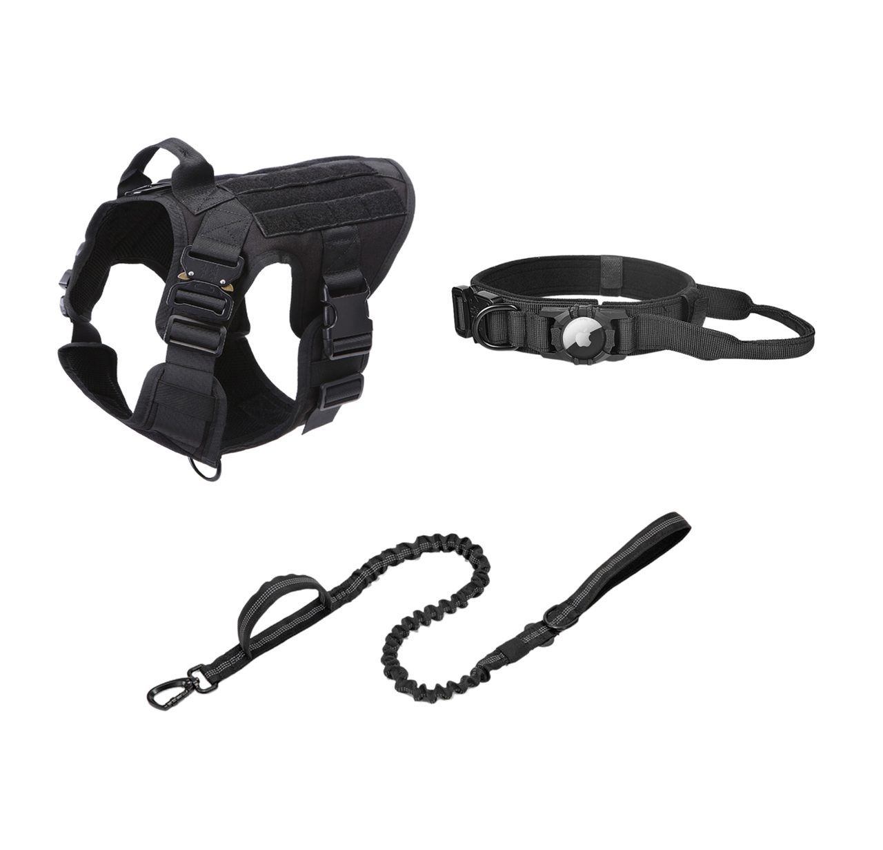 Tactical Harness, Tracking Tag Compatible Collar & Dog Leash Combo | Durable Construction Army Style Gear Set