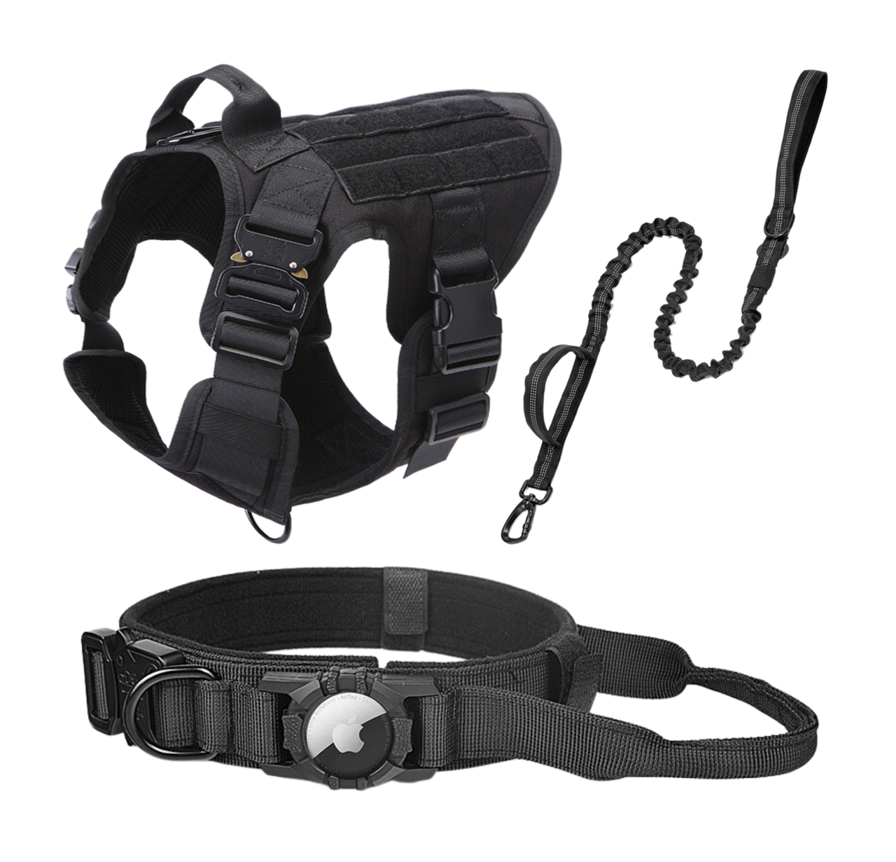 Tactical Harness, Tracking Tag Compatible Collar & Dog Leash Combo | Durable Construction Army Style Gear Set