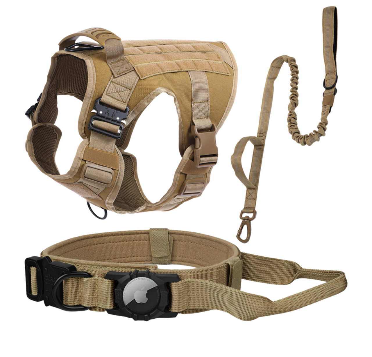Tactical Harness, Tracking Tag Compatible Collar & Dog Leash Combo | Durable Construction Army Style Gear Set