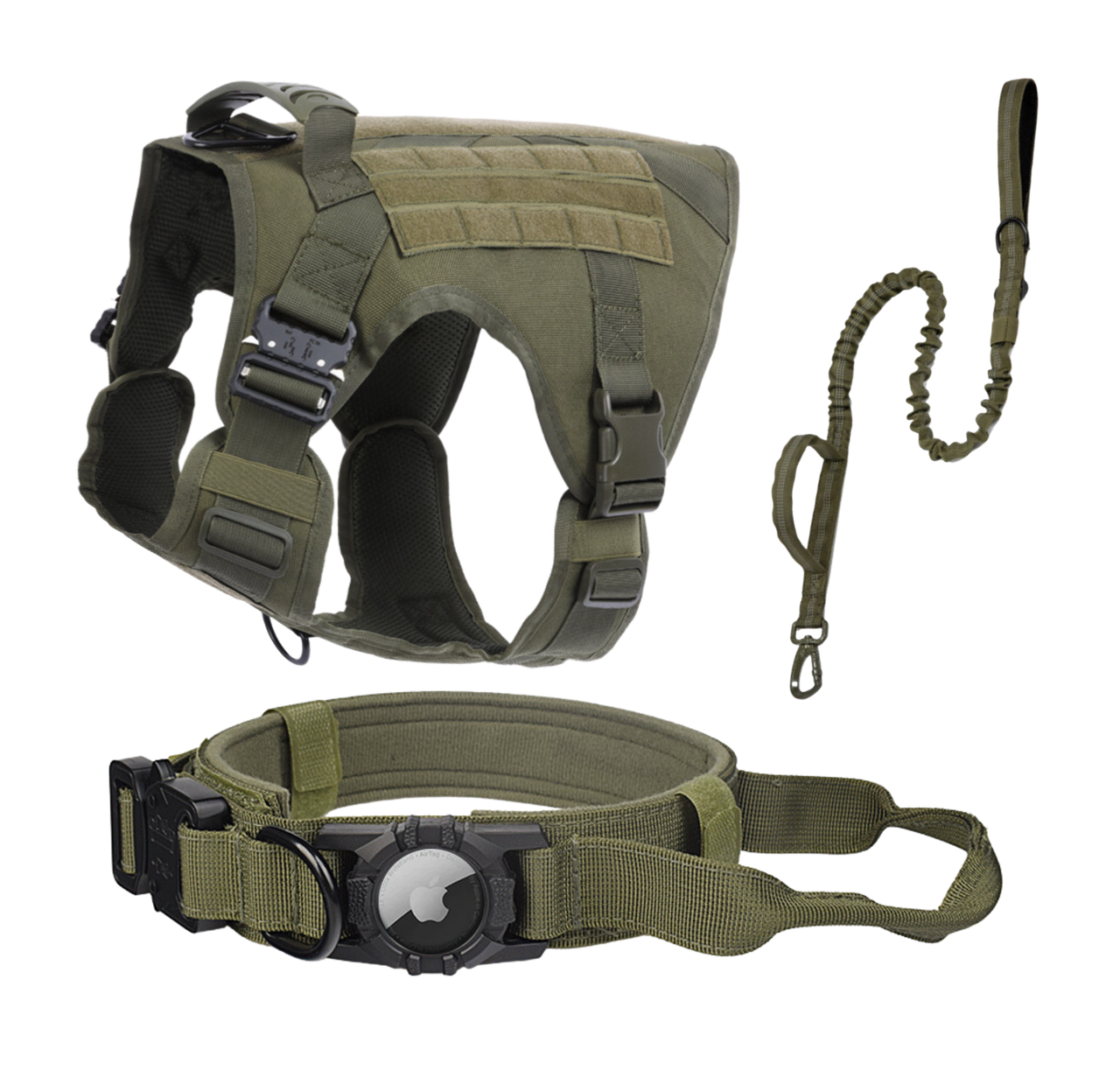 Tactical Harness, Tracking Tag Compatible Collar & Dog Leash Combo | Durable Construction Army Style Gear Set
